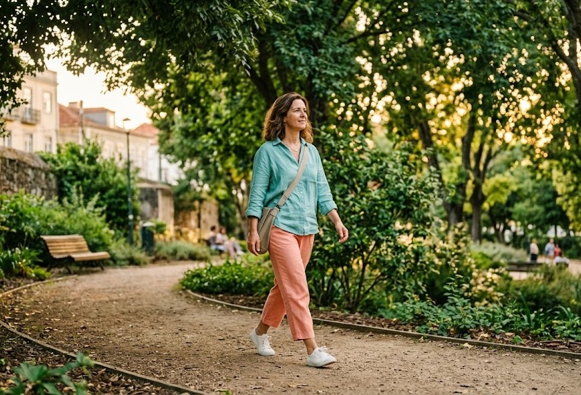 Mulher a alongar-se suavemente junto a uma janela com luz natural da manhã